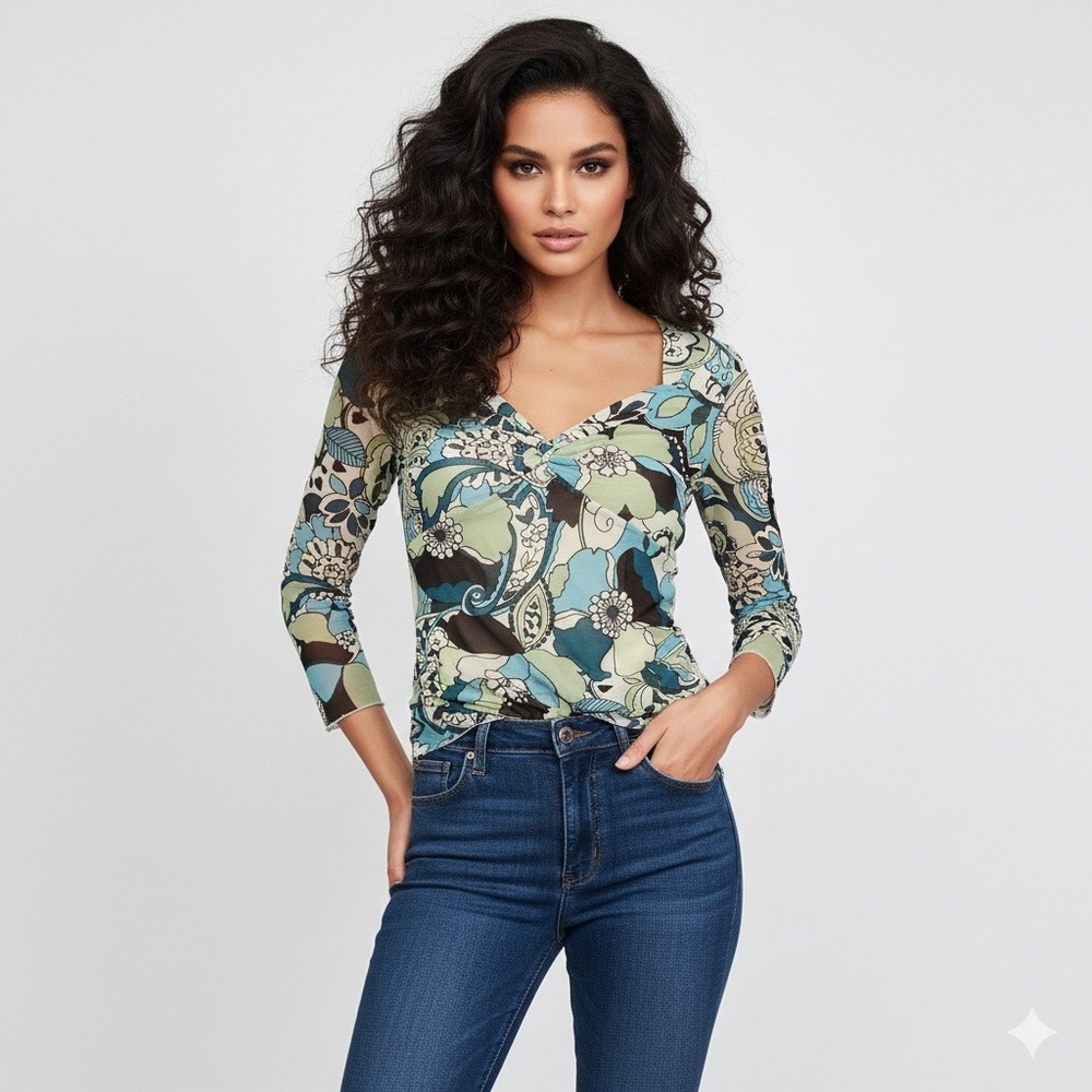 Axcess Liz Claiborne Babydoll‎ Top Womens M Blue Green Floral Fairy Micromesh